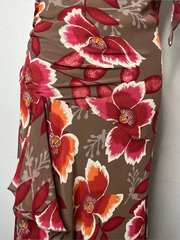 Y2K Vintage Bandolino Brown Red Large Floral Cowl Neck Draped Fairycore Dress - Image 5
