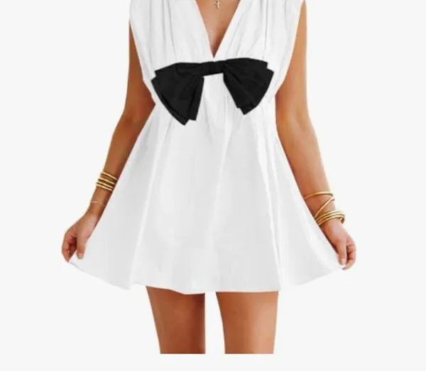 NEW Cotton Sleeveless Mini Dress Casual V Neck Bowknot Loose Babydoll Dress S - Image 3