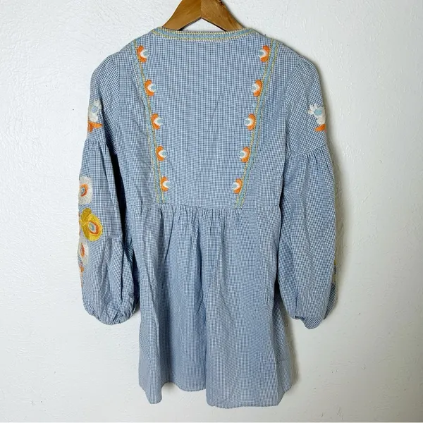 Zara gingham Plaid Embroidered Mini Dress Floral Balloon Sleeves Sz Small - Image 5