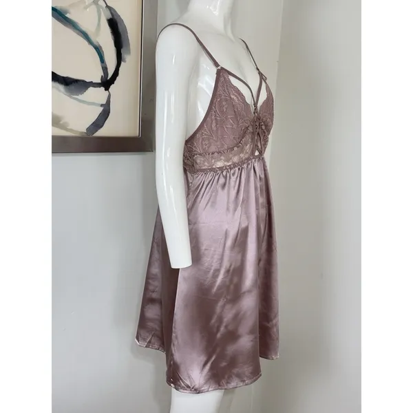 Women's Satin Chemise Nightgown Lace Lattice Strappy Slip Dress Mauve Size M - Image 2