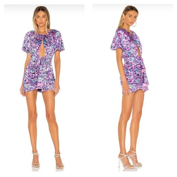 For Love & Lemons Tahiti Ruched Mini Dress Small Purple Floral Satin Cottagecore - Image 15