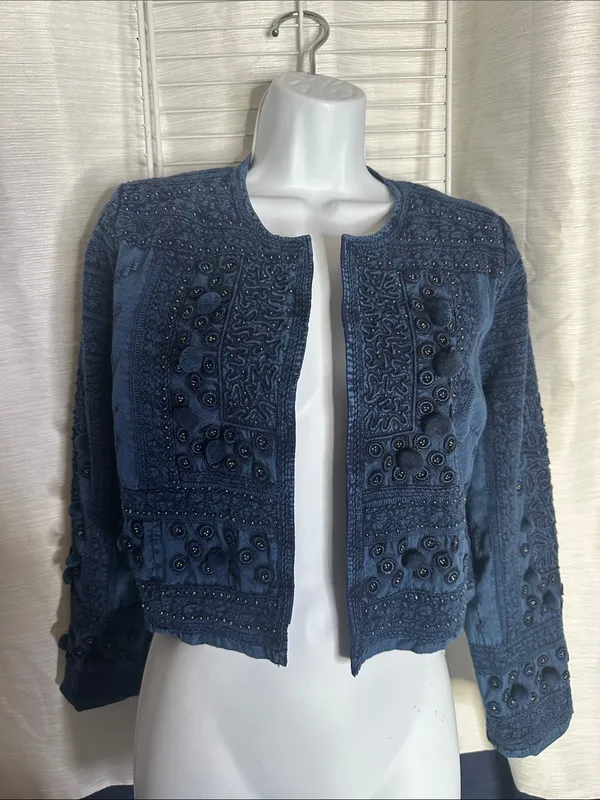 Soft Surroundings Navy Embroidered Open-Front Cropped Jacket - Image 10