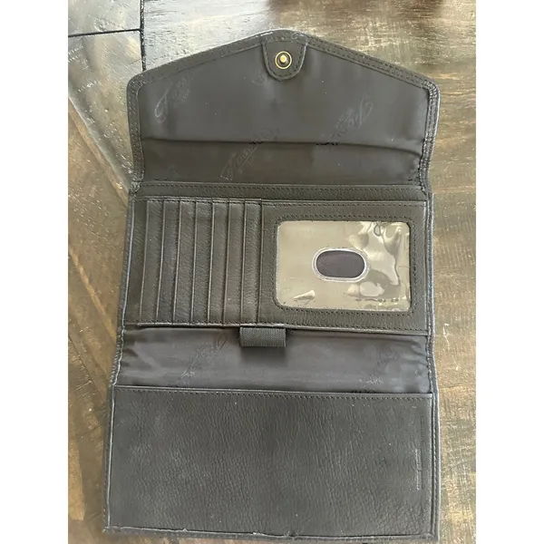 Fossil Black Pebbled Leather Trifold Clutch Wallet Envelope Snap Brass Hardware - Image 4