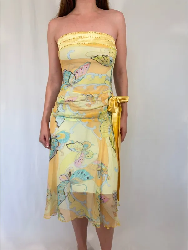 Whimsical Fairy Vintage Butter Yellow Strapless Butterfly Print Dress - Image 2