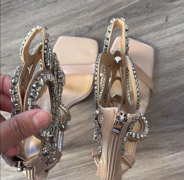 Azelia Wang Tan Stiletto Sandals 9 Nude Embellished PUT A RING ON IT Sexy Heels - Image 16
