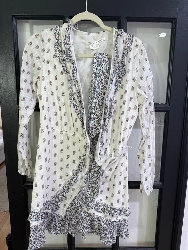 Veronica Beard Kierra Long Sleeve Ruffle White Floral Zip Faux Wrap Dress 4 - Image 2