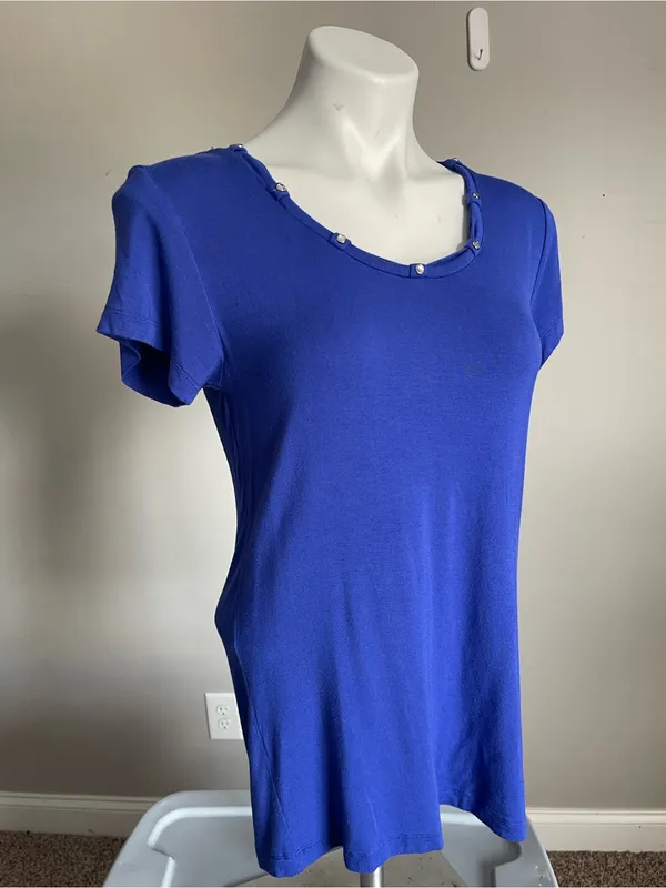 HARLEY DAVIDSON | Blue Short-Sleeve Scoop Neck Top with Beaded Trim Sz M - Image 5