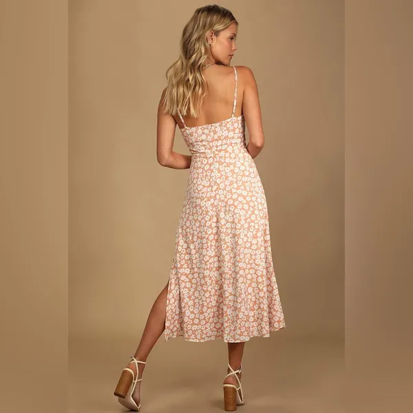 Lulus Timeless Touch Peach Floral Print A-Line Midi Dress Size Small - Image 2