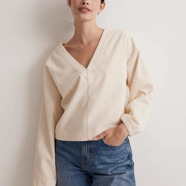 Madewell Waffle Knit Relaxed V-Neck Top Women's‎ M Black Iris Preppy Minimalist - Image 7