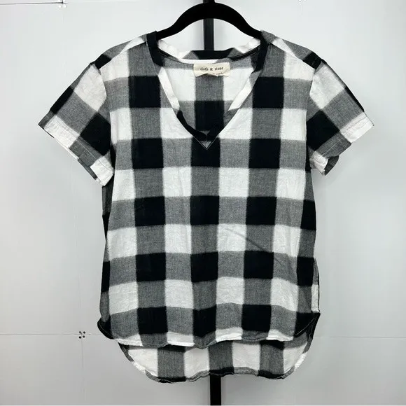 Anthropologie Cloth & Stone Buffalo Check V Neck Short Sleeve Boho Casual Top - Image 2