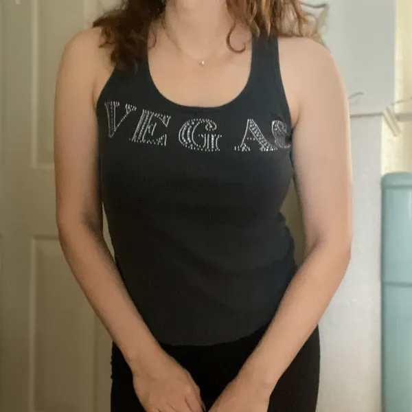 Vintage Y2K Ribbed‎ Graphic Embellished Vegas Tank Top Size Small - Image 2