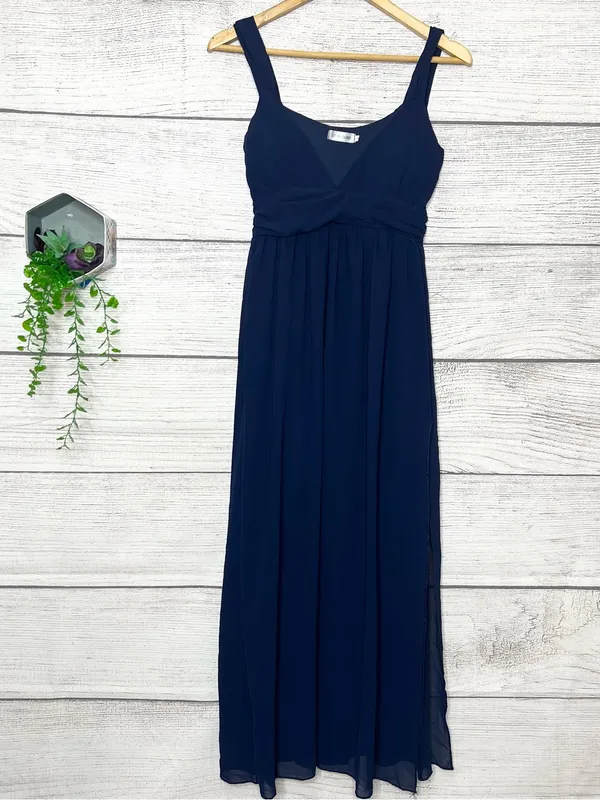 Navy Blue Sleeveless Empire Waist Leg Slit Maxi Dress Evening Gown Size Small - Image 10