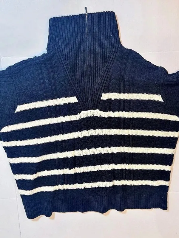 La Ligne x Target Sweater 4X Navy White Cable Knit Quarter Zip Plus Size Coastal - Image 2