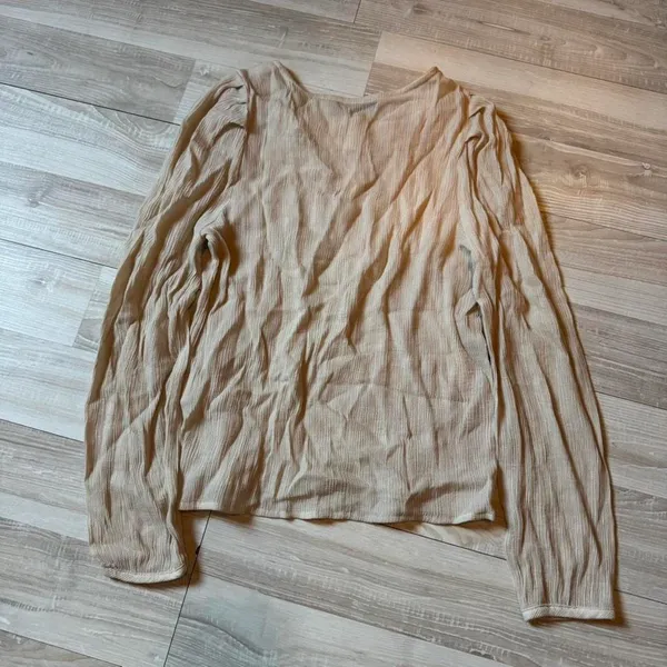 Crinkle Square Neck Long Sleeve Top Tan - Image 4