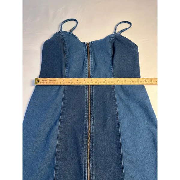 Derek Heart Blue Denim Zip Front Mini Dress Women Large Sweetheart Neckline - Image 8