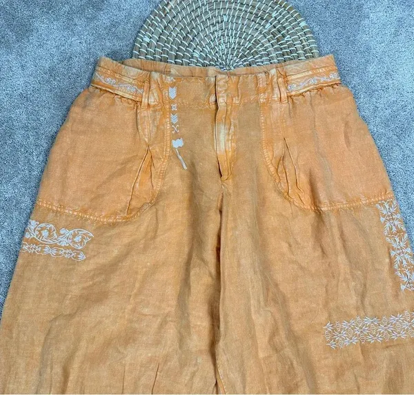 NWT By Anthropologie Embroidered Parachute Pants Linen Blend Boho Mango Mojito L - Image 5