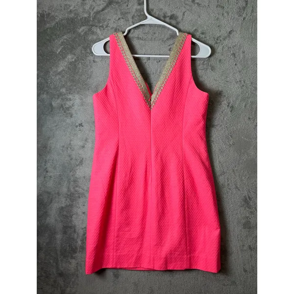 Lilly Pulitzer Junie Shift Dress Coral‎ Reef Pink & Gold Size 4 Cotton - Image 3