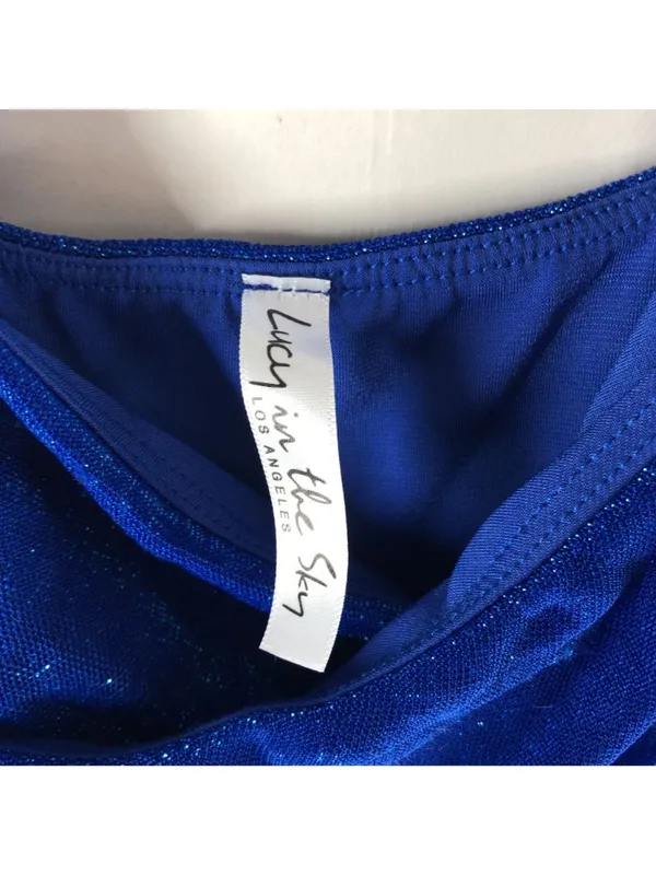 Lucy in the Sky Mini Dress Faux Wrap Ruched Glitter Sparkle Slit Blue XS - Image 3