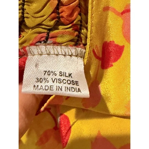 Silk Blend Patchwork Sundress Yellow Orange Floral Boho Resort Dress M - Image 6