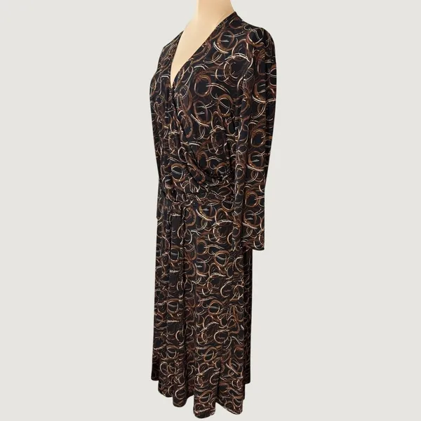 3189 | Chico's Abstract Swirl Faux Wrap Midi Dress Brown Retro Boho Women 2 L - Image 4