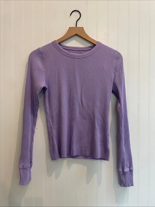 AERIE Fireside Long Sleeve Crew Neck Ribbed Tee in Lavender Purple Fog Size S - Image 3