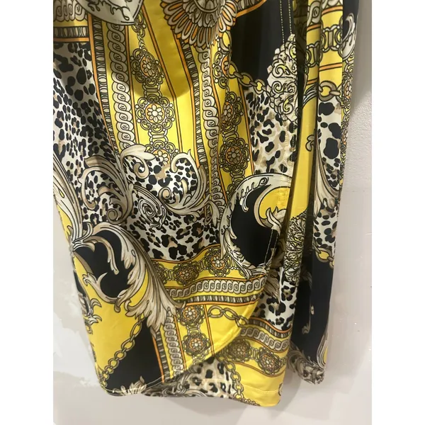 Carmen Marc Valvo Yellow Baroque Leopard Print Faux Wrap Dress Gold Stud Medium - Image 5