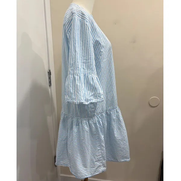 Addison Bay Blue White Striped Tiered Mini Sun Shirt Dress Cotton Poplin Medium - Image 4