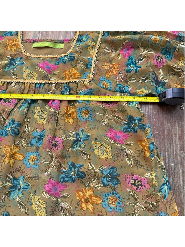 Rapsodia Boho Floral Mini Dress Square Neck Gold Beaded Trim Size S Puff Sleeve - Image 11