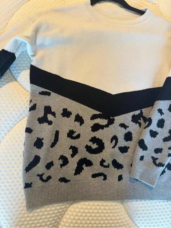 SHEIN Cream, Gray & Black Leopard Colorblock Crewneck Sweater - Image 2
