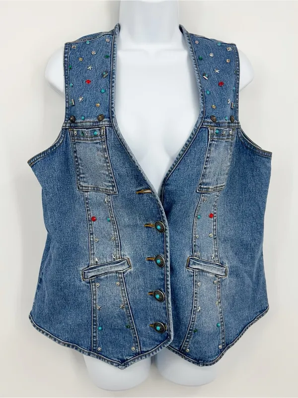 American Vintage Vintage Y2K Studded Embellished Denim Jacket Vest Size Medium Boho Whimsical - Image 8