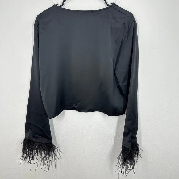 WAYF Black Satin Feather Trim Long Sleeve Crop Top Women's Size‎ S NWT Shopbop - Image 11