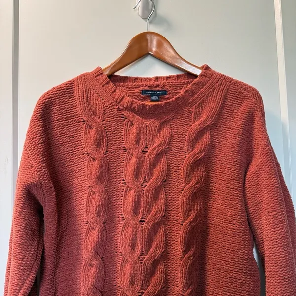 American Eagle Cable Knit Rust‎ Burnt Orange Crochet Crewneck Sweater Fall S - Image 2
