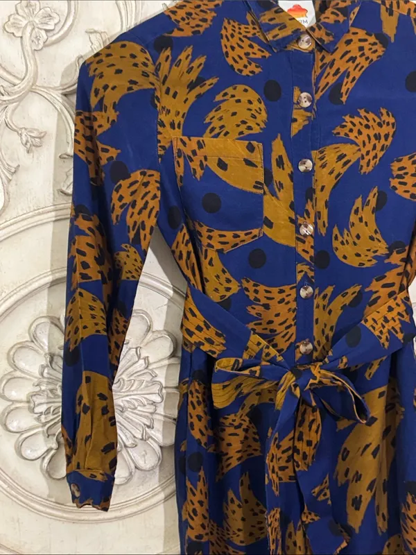 Farm Rio Banana Blue & Brown Printed Jumpsuit with Tie Waist Size Small - Image 6
