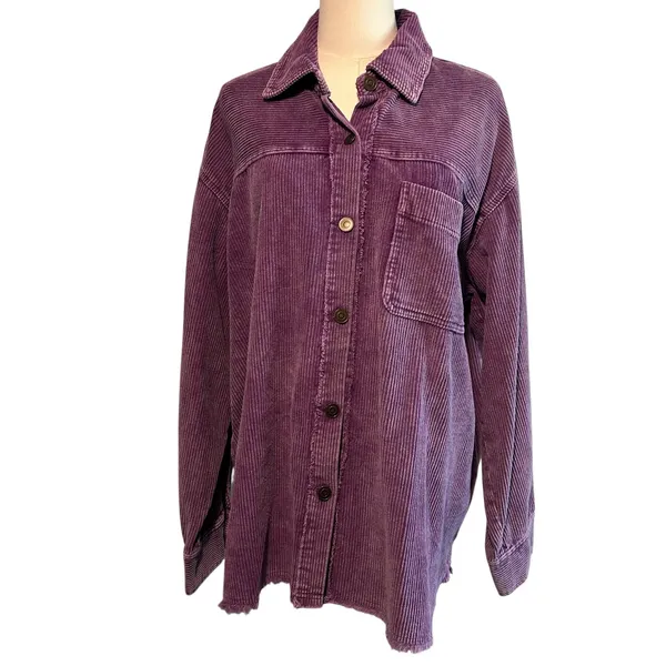 la miel Corduroy Shacket SZ M Purple Button Down Raw Hem Pocket Wide Wale Jacket - Image 5