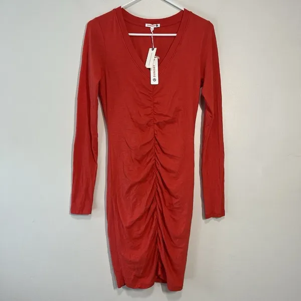 Sundry Anthropologie NWT Ruched V-Neck Long Sleeve Mini Dress in Red Size‎ Small - Image 2