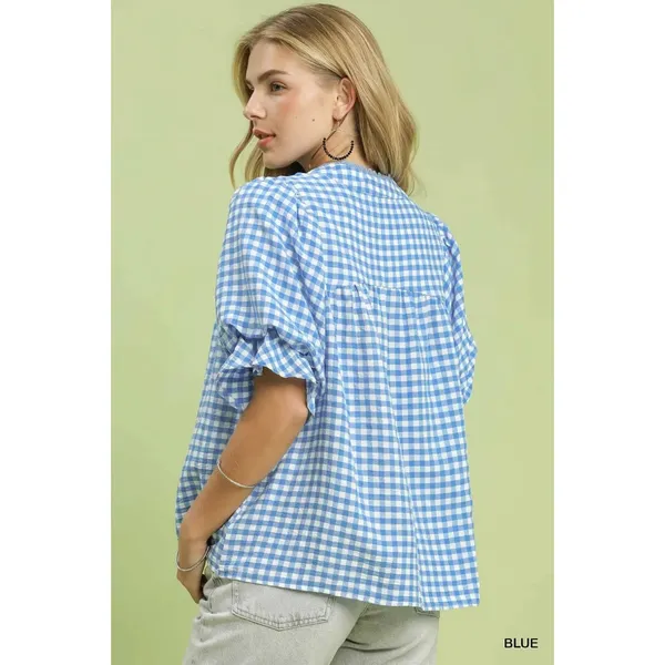 Umgee Gingham Check Blouse with Ruffle‎ Sleeves - Medium - Image 3