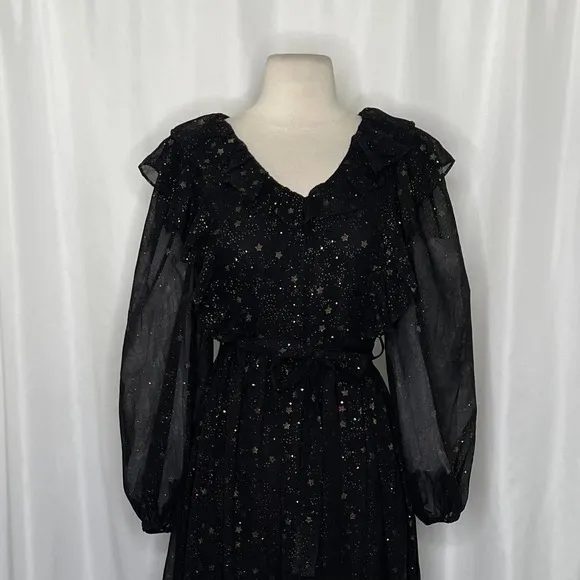 BY THE RIVER Chiffon Midi Dress Ruffled Black Gold Stars Party Glam Star Small‎ - Image 3