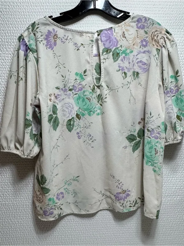 Floral Puff Sleeve Blouse - Cream with Lavender & Green - Image 3