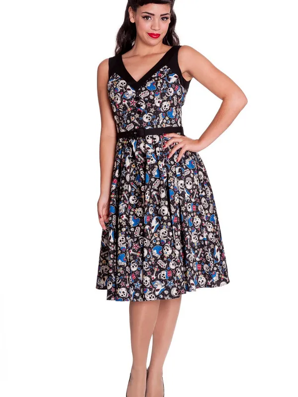 Hell Bunny Black Skull Print V-Neck Fit & Flare Dress - Image 6