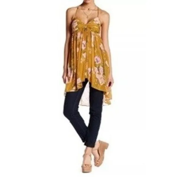 Free People Mustard Floral Halter High-Low Tunic Top XS - Image 14