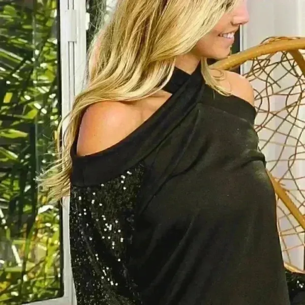 Black Halter Neck Sequin Sleeve Top‎ - Image 5