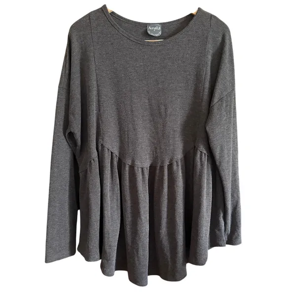 ARULA | Dark Gray Heather Waffle Scalloped Waist Babydoll Long Sleeve Top 2XL B - Image 2