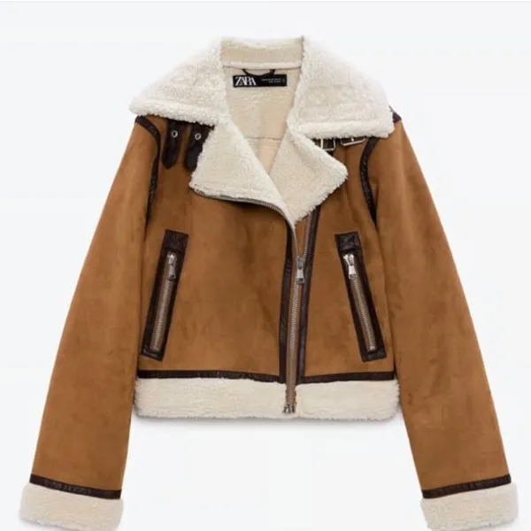 Zara Double Faced Fleece Structured Moto Jacket Sheepskin Chestnut Tan Aviator S - Image 2