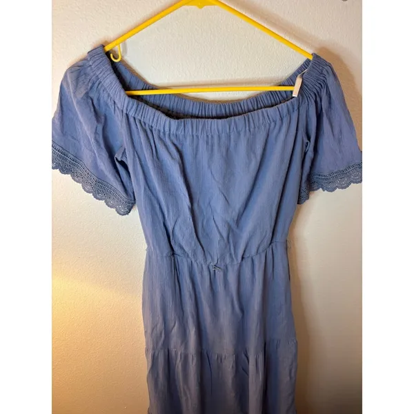 AUW Periwinkle Blue Off The Shoulder‎ Crochet Lace Trim Tiered Maxi Dress Small - Image 7