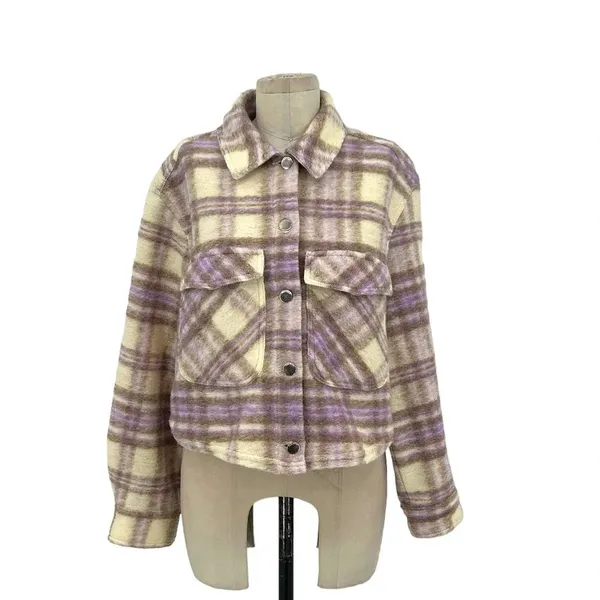 Zara Cropped Plaid Jacket Shacket Purple Cream‎ Size Large - Image 3