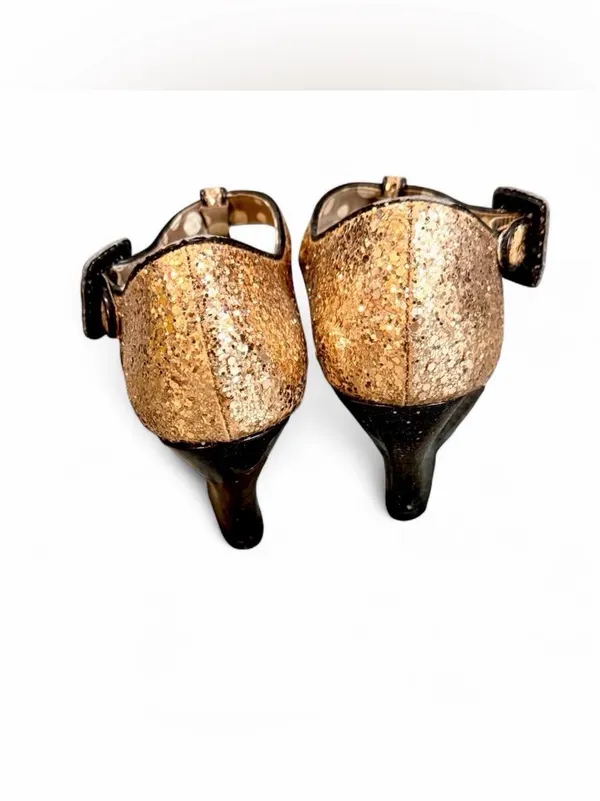 Kenzie ‘GINGER’ Gold Glitter Peep Toe Wedge Kitten Heel Mary Jane Sandals Sz 8 - Image 7