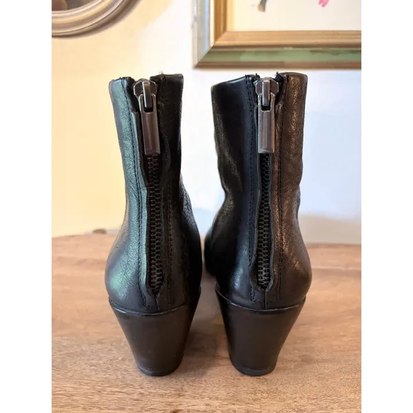 GRAY Sandy Black Leather Cap Toe Ankle Boots Back Zip Block Heel Minimalist 8.5M - Image 3