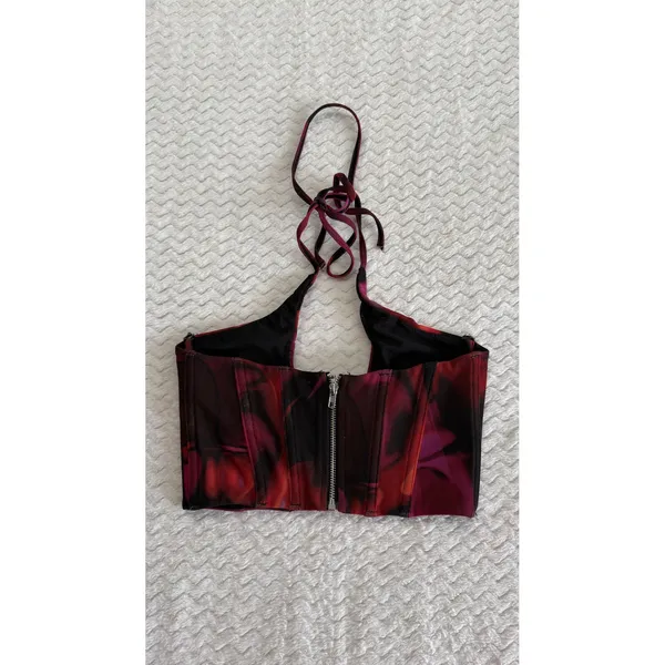 White Fox Red Purple Abstract Floral Mesh Halter Corset Crop Top XS - Image 3