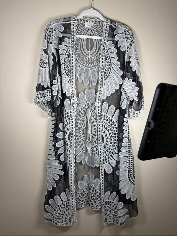 Rebellion Ember Black Sheer Crochet Kimono Embroidery Duster Whimsigoth Western Boho - Image 4