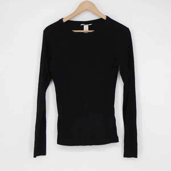 H&M Black Ribbed Long Sleeve Crewneck Top Modal Cotton Blend Size M - Image 2